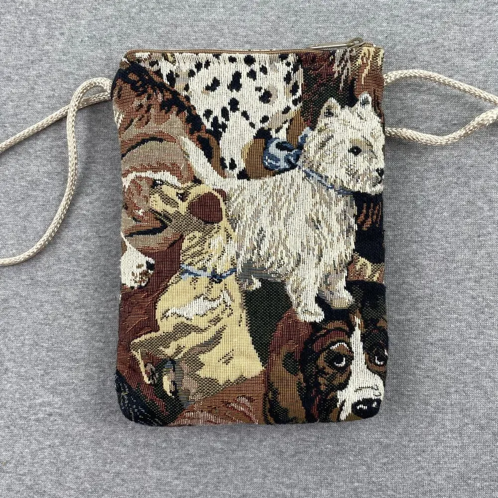 Vintage Dog Print Tapestry Bag Crossbody Purse Cottagecore Retro Pockets